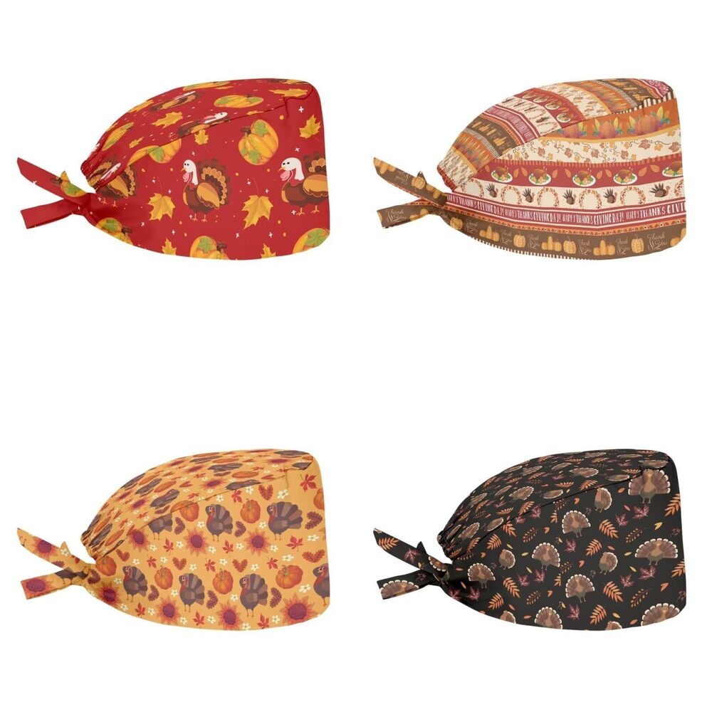 2049 Thanksgiving Bouffant Scrub Caps Long Hair Covering with Turkey Maple